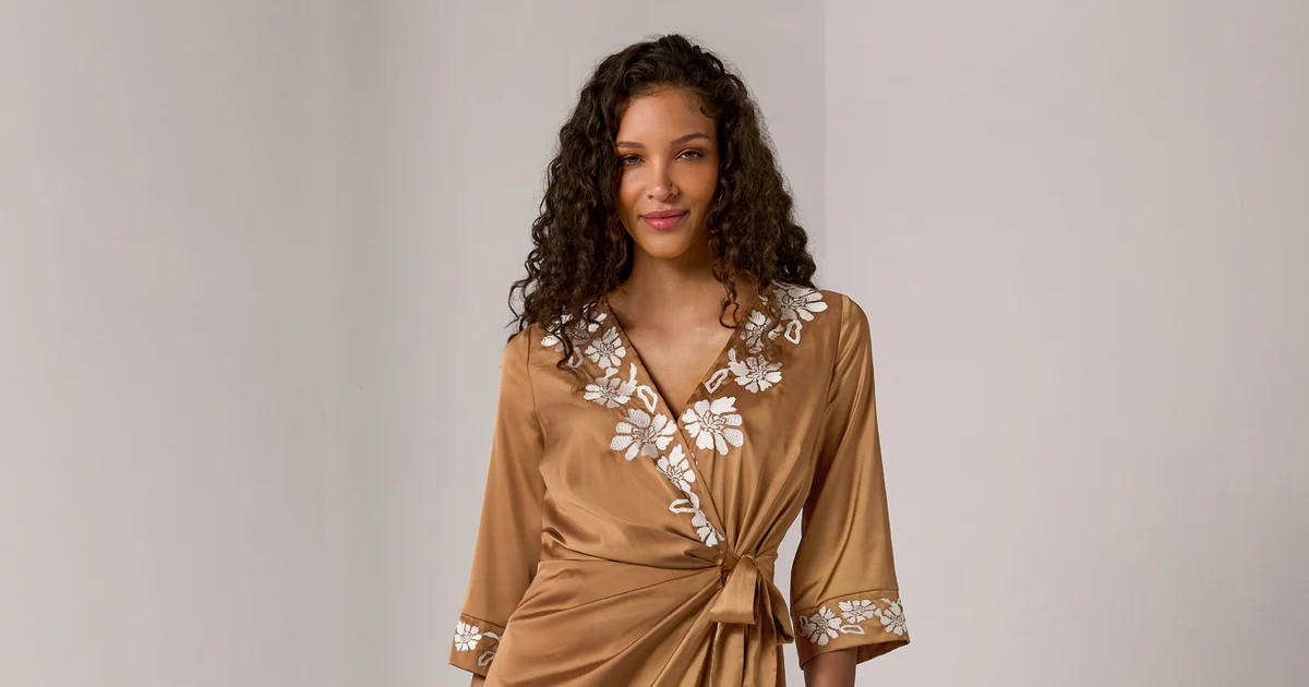 Floral Wrap Dress with Waist Tie - Tobacco Brown | Boston Proper | Boston Proper