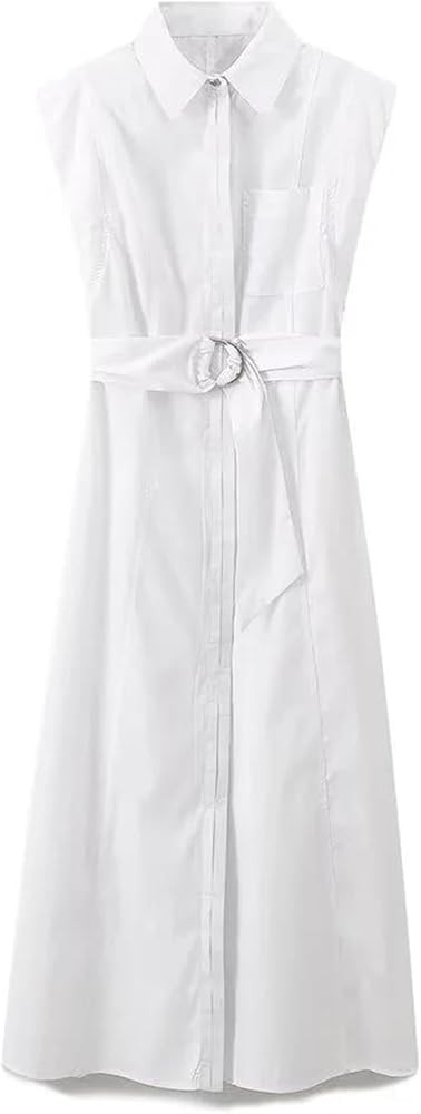Women'S Temperament Sleeveless Turn-Down Collar with Belt Single Breasted Long Edition Dress | Amazon (US)
