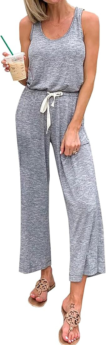 PRETTYGARDEN Women's Casual Sleeveless Solid Jumpsuit Crewneck Drawstring Waist Stretchy Long Pants  | Amazon (US)
