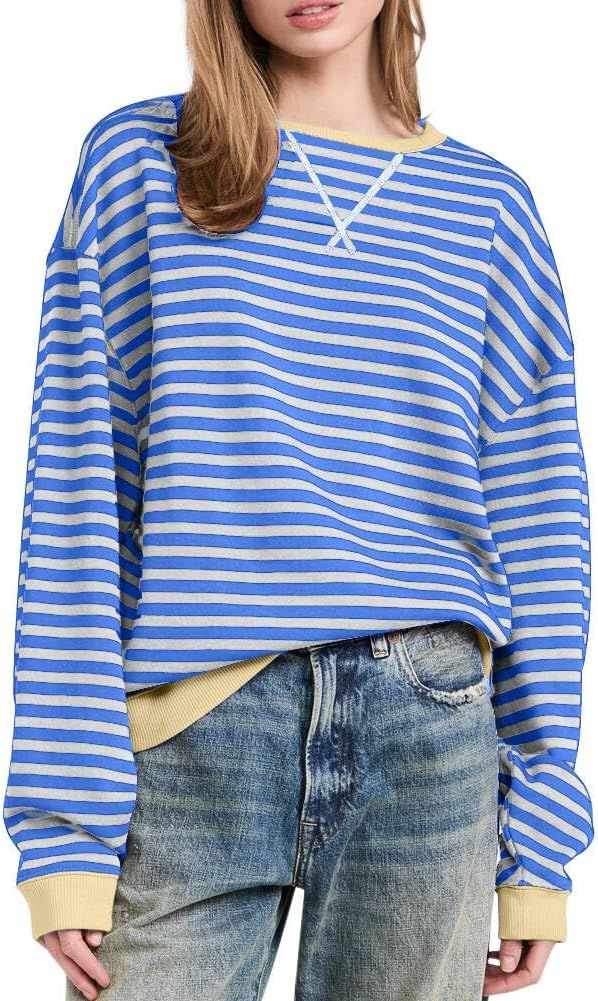 Women Classic Striped Oversized Crewneck Dupes Color Block Long Sleeve Casual Sweatshirt Loose Pu... | Amazon (US)