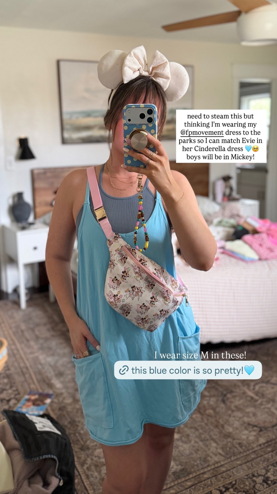 need to steam this but thinking I’m wearing my @fpmovement dress to the parks so I can match Evie in her Cinderella dress 🩵🥹 boys will be in Mickey!  I wear size M in these!