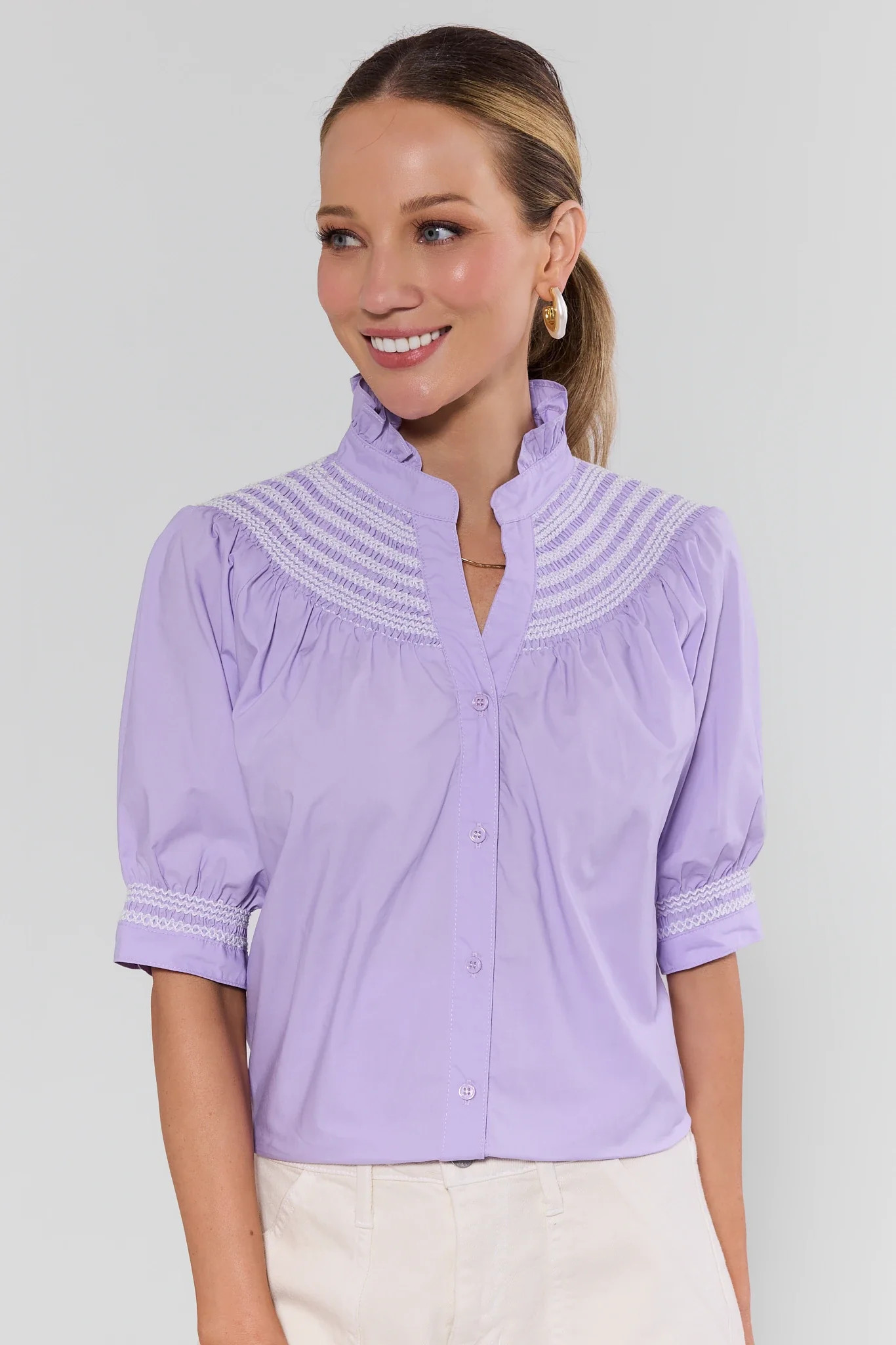 Yvonne Lilac Embroidered Button Up Top | Avara