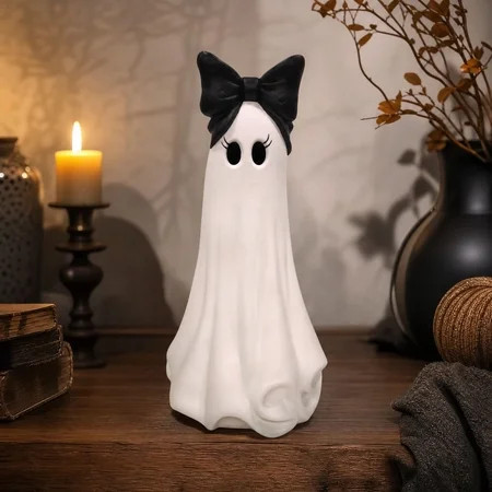 20 Inch Large Ghost Figurine with Bow Tabletop Decoration, White Resin Standing Ghost Statue, Spooky‑Cute Halloween Indoor Ornament for Mantel, Shelf, Entryway, Autumn Fall Home Decor | Walmart (US)