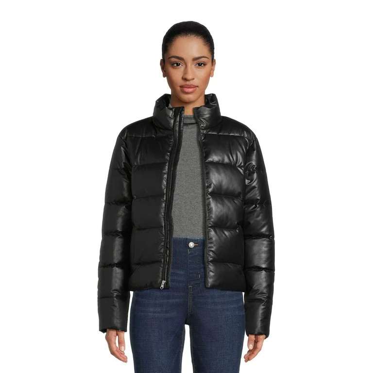 Time and Tru Women's Short Faux Leather Puffer Jacket | Walmart (US)