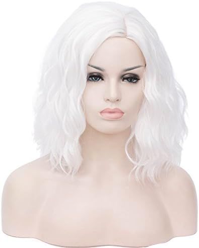 BERON 14" Women Girls Short Curly Bob Wavy Wig Body Wave Halloween Cosplay Daily Party Wigs (White) | Amazon (US)