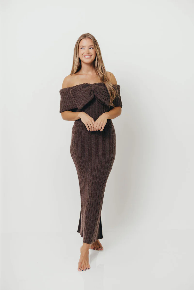 Aston Bow Front Maxi Sweater Dress in Charcoal Brown - Bump Friendly | Worth Collective