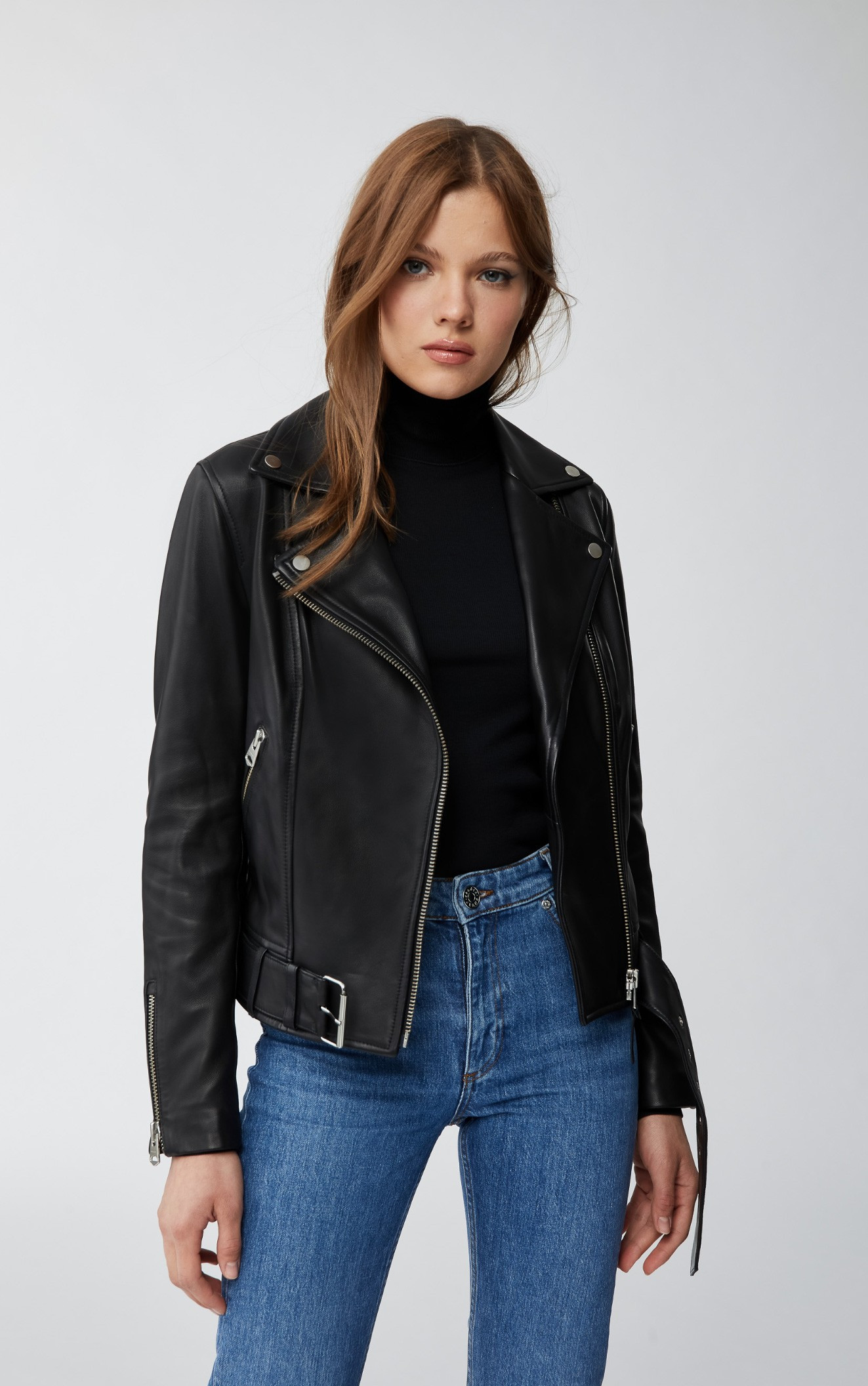leather moto jacket with removable belt | Mackage
