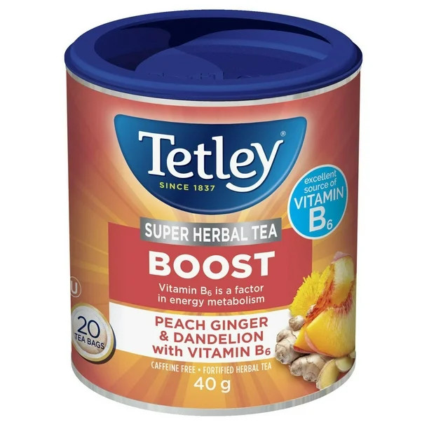 Tetley Super Herbal Tea-Boost Peach Ginger Dan with Vit B6, 20 ct | Walmart (CA)