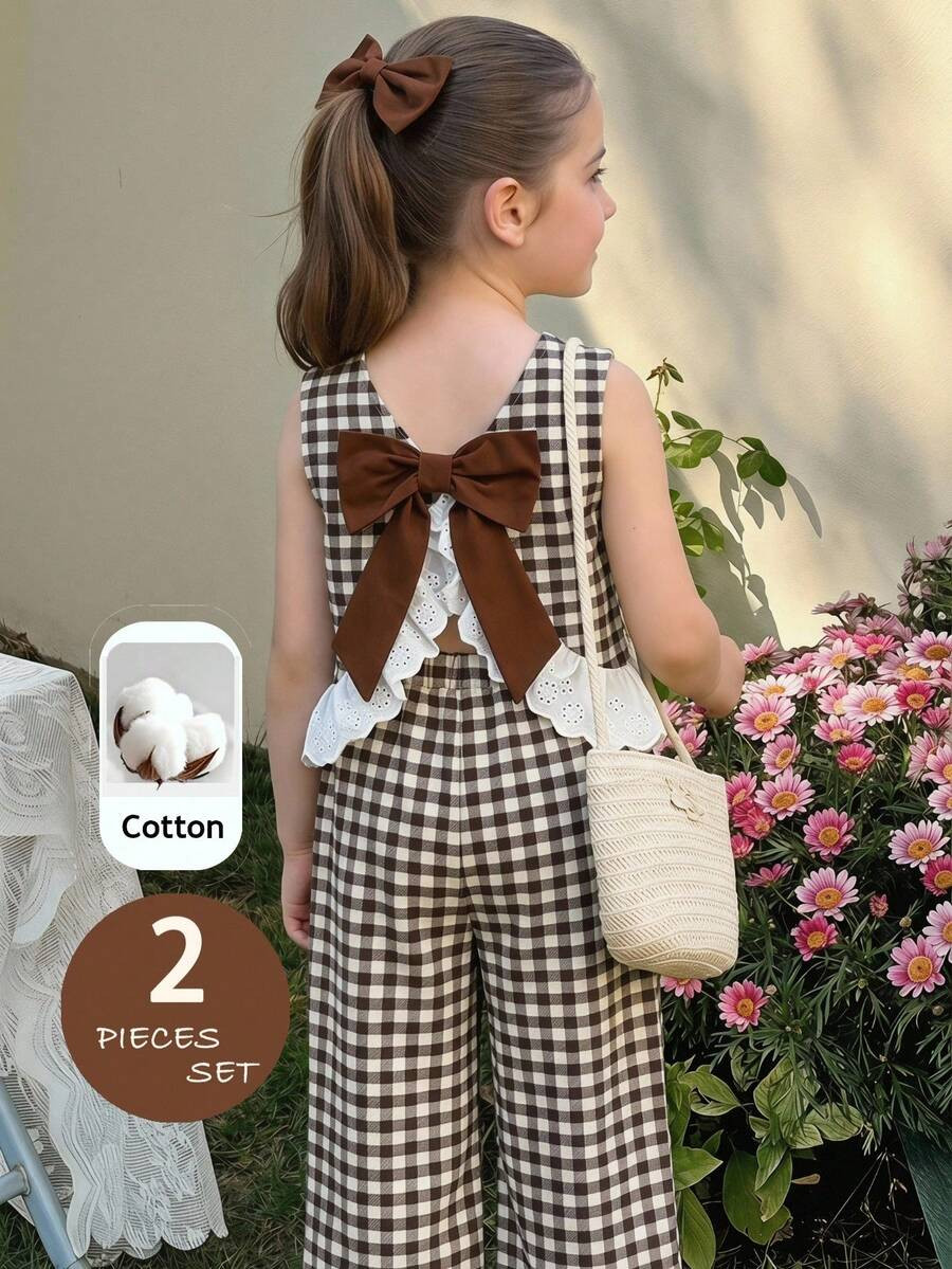 LMoss Kids Young Girl Woven Plaid Round Neck Patchwork Ruffle Casual Tank Top And Long Pants 2 Pieces Set | SHEIN