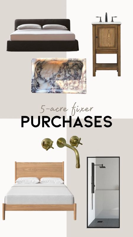 A handful of items we purchased recently for our new house! Modern skirted bed, calcatta viola sink, small wood vanity, unlacquered brass faucet, oak bed, panel shower door 

#LTKhome #LTKsalealert