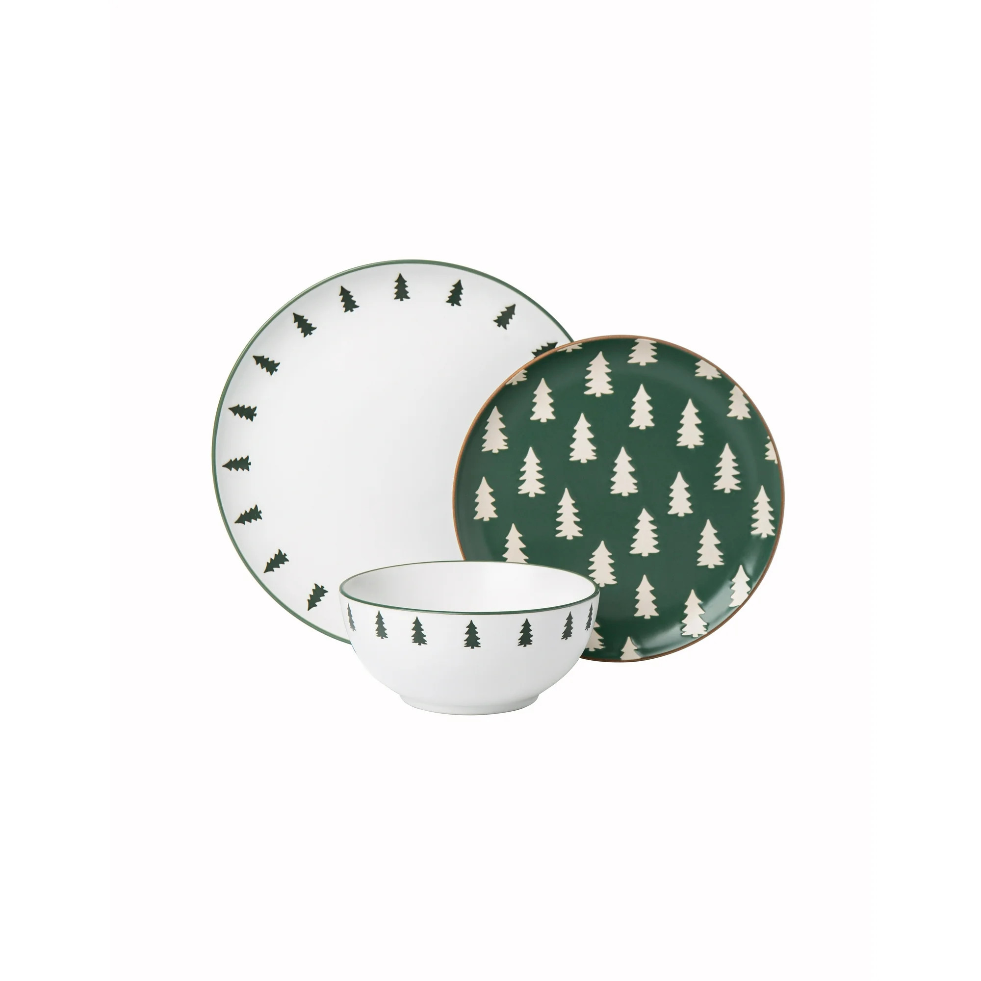 Holiday Time 12 Piece Ceramic Dinnerware Set in Trees Pattern | Walmart (US)