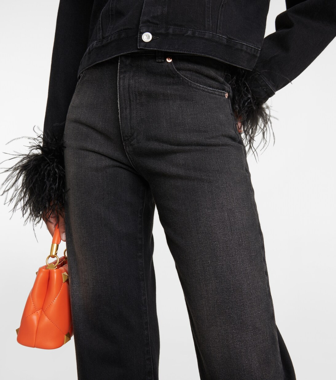 Feather-trimmed high-rise wide-leg jeans | Mytheresa (INTL)