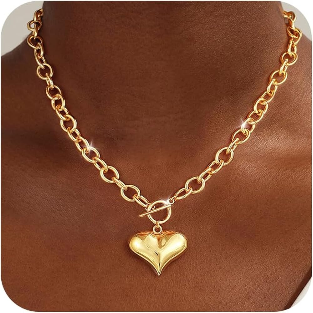 Gold Heart Necklace for Women - Dainty Chunky Gold Necklace Trendy 14K Gold Plated Heart Pearl Pe... | Amazon (US)