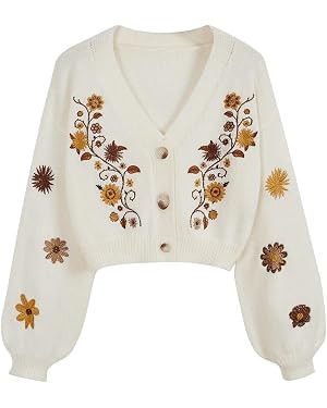 GORGLITTER Women's V Neck Floral Embroidered Cardigan Sweaters Lantern Sleeve Button Down Cropped... | Amazon (US)