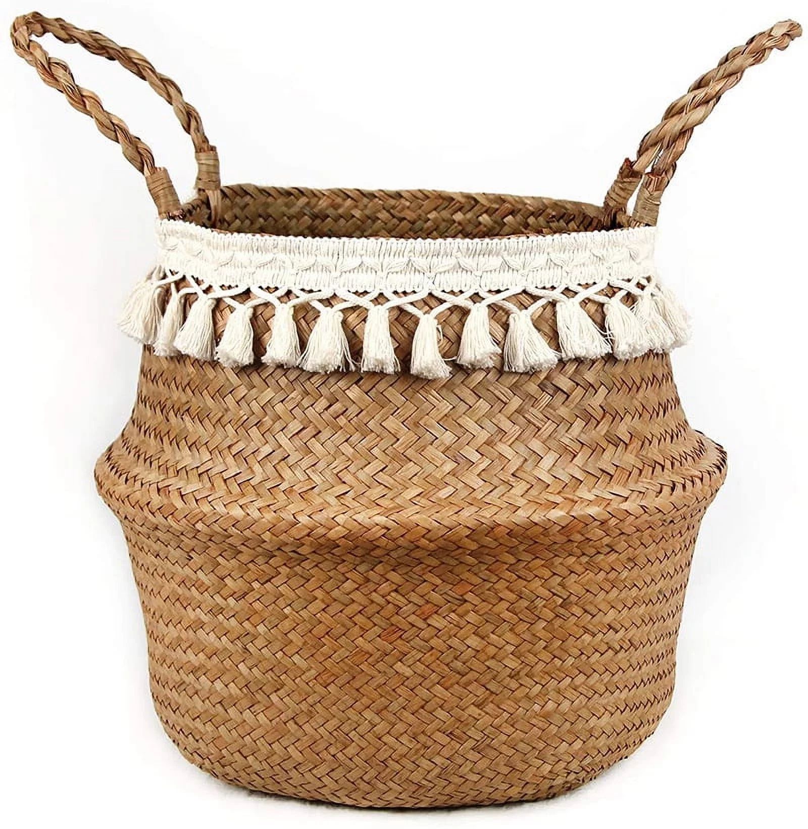 Woven Seagrass Plant Basket - Wicker Belly Basket Planter Indoor with Plastic Liner and Handles, ... | Walmart (US)