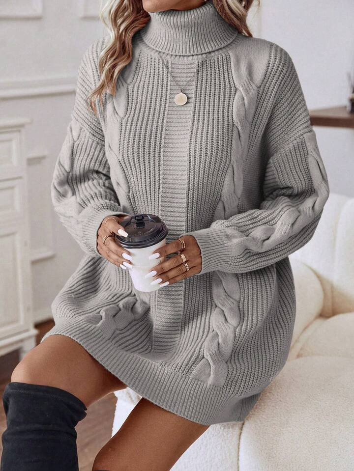 SHEIN LUNE Turtleneck Cable Knit Drop Shoulder Sweater Dress | SHEIN