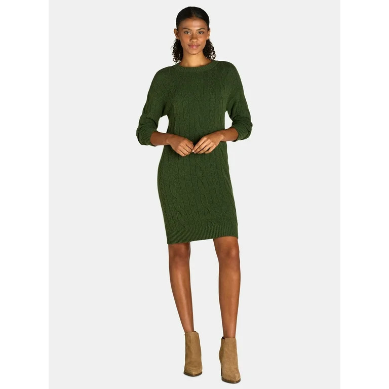 Time and Tru Women's and Women's Plus Cable Sweater Dress with Long Sleeves, Sizes XS-3XL | Walmart (US)