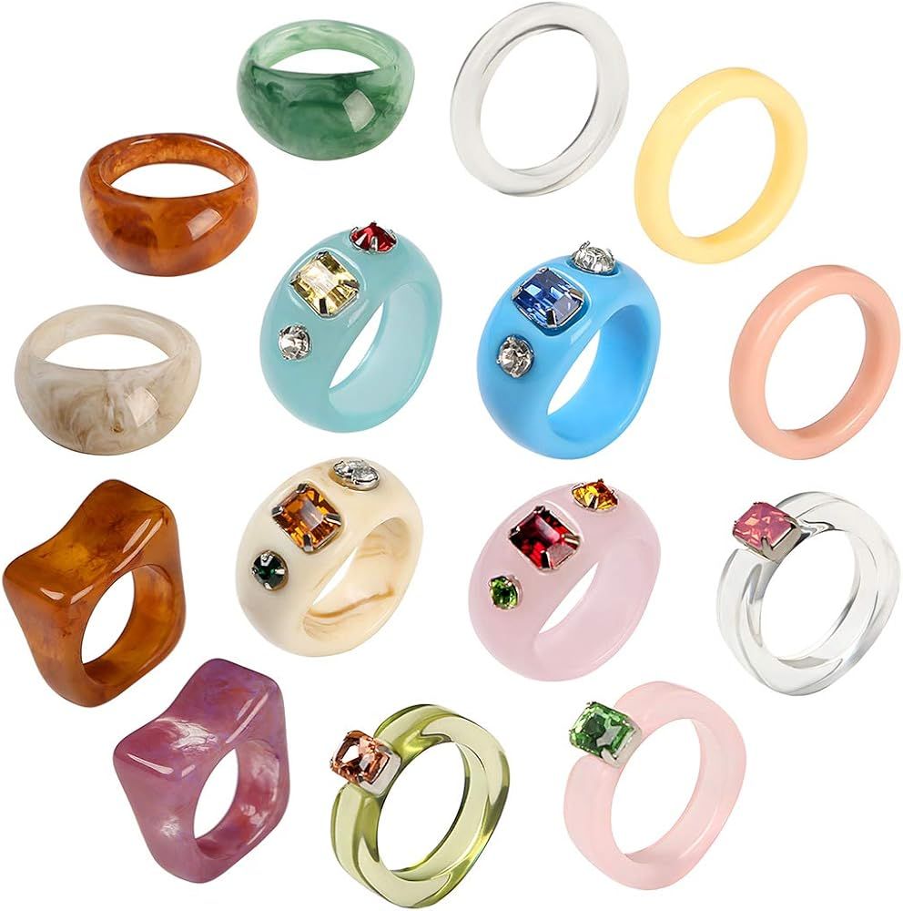 AIDSOTOU 15 Pcs Vintage Resin Acrylic Crystal Rings Cute Trendy Colorful Rhinestone Band Rings Je... | Amazon (US)