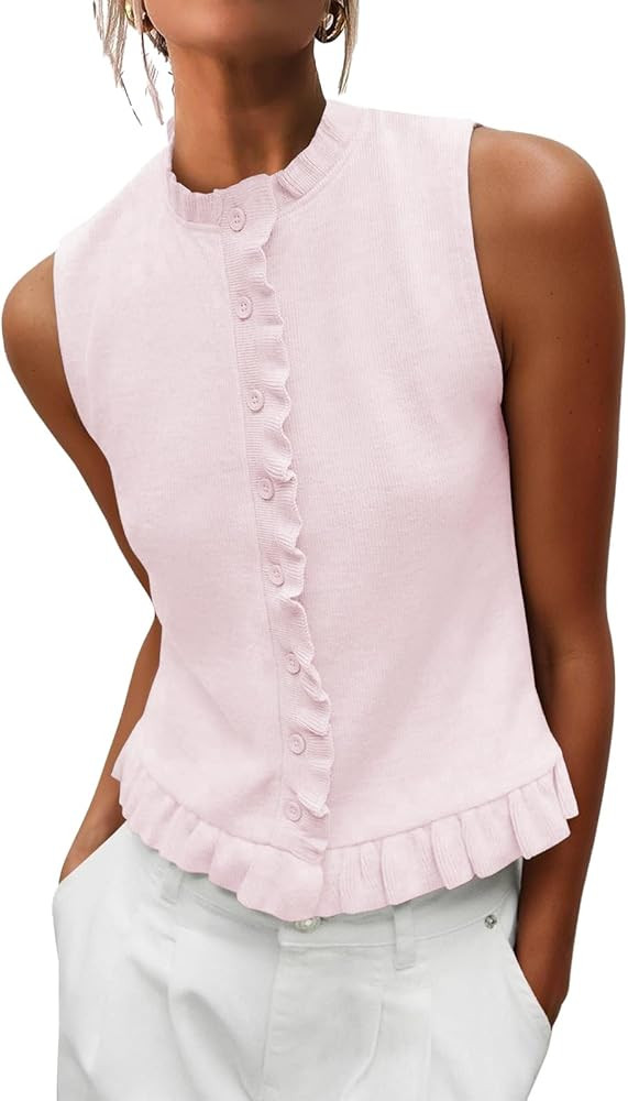 Womens Sleeveless Sweater Vest Mockneck Button Down Vacation Tank Top Summer Ruffle Going Out Ves... | Amazon (US)