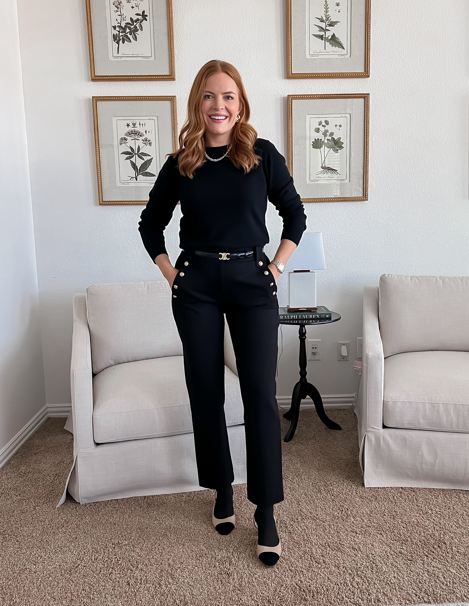 These pants are so comfortable and perfect for the office! I loved dressing them up here with the block toe heels. 