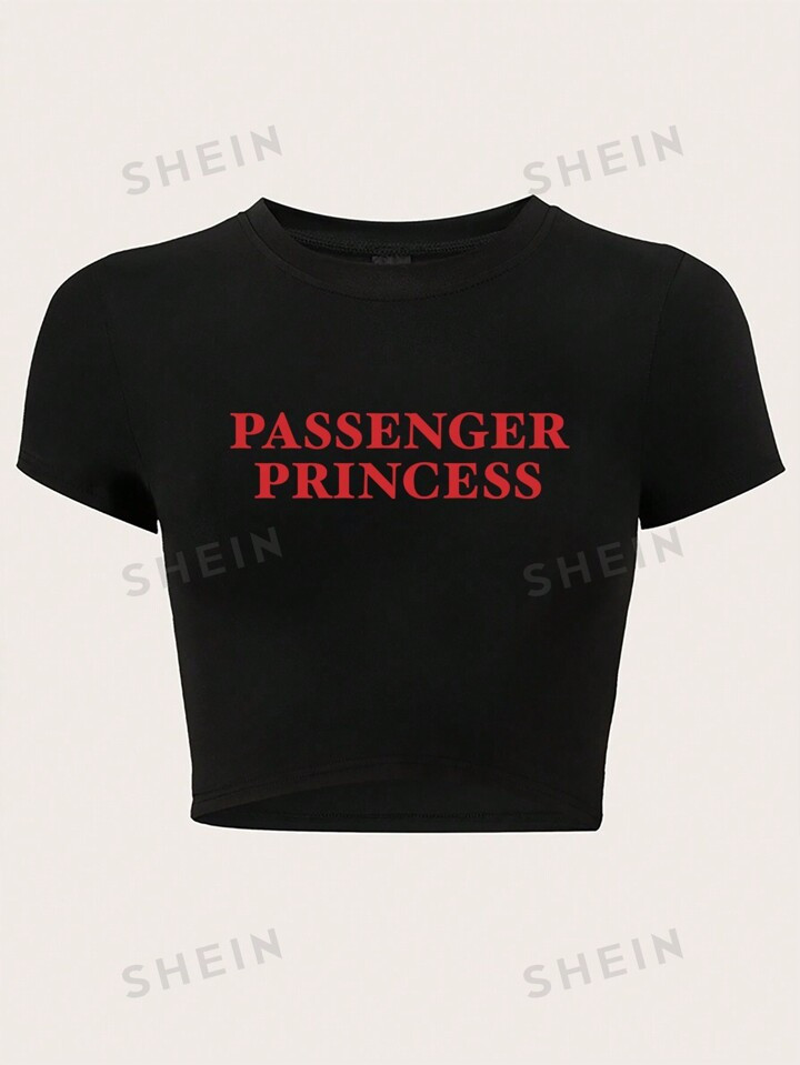 SHEIN EZwear Letter Printed Crop Top Slim Fit T-Shirt PASSENGER PRINCESS | SHEIN