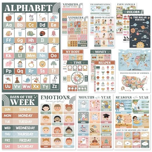 18 Modern Boho Pre K Educational Posters For Preschoolers, Laminated Kindergarten Learning Posters For Toddlers 1-3, Homeschool Classroom Kids Learning Posters For Walls, Preschool Learning Charts | Amazon (US)