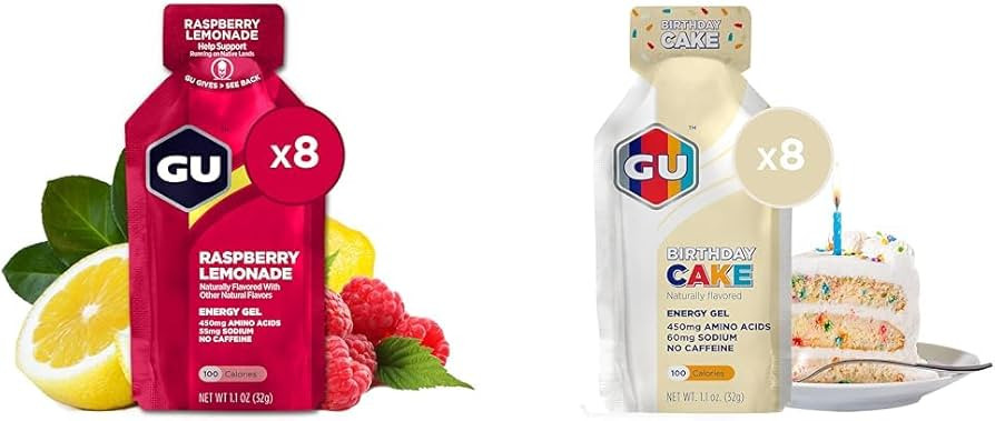 GU Energy Gel 8-Count Raspberry Lemonade and Birthday Cake Sports Nutrition Energy Gel Bundle | Amazon (US)