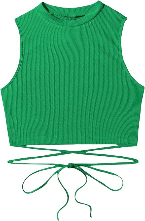SheIn Women's Crisscross Tie Back Crop Top Sleeveless Round Neck Tank Tops | Amazon (US)
