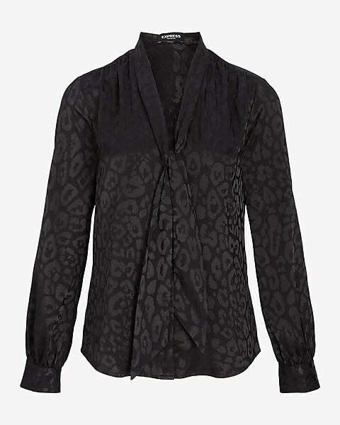 Satin Leopard Print Long Sleeve Tie Neck Portofino Shirt | Express