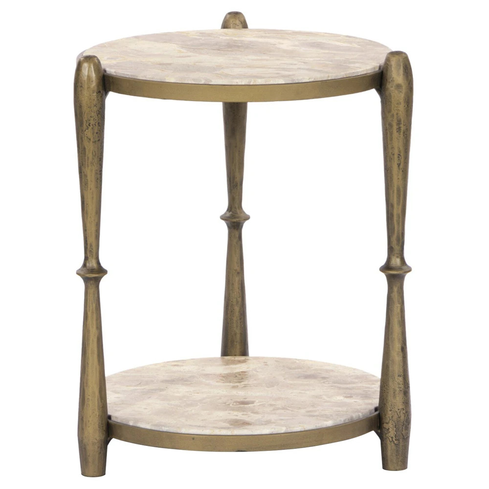 Marriot Updated Traditional Taupe Marble Aged Brass Round End Table | Kathy Kuo Home