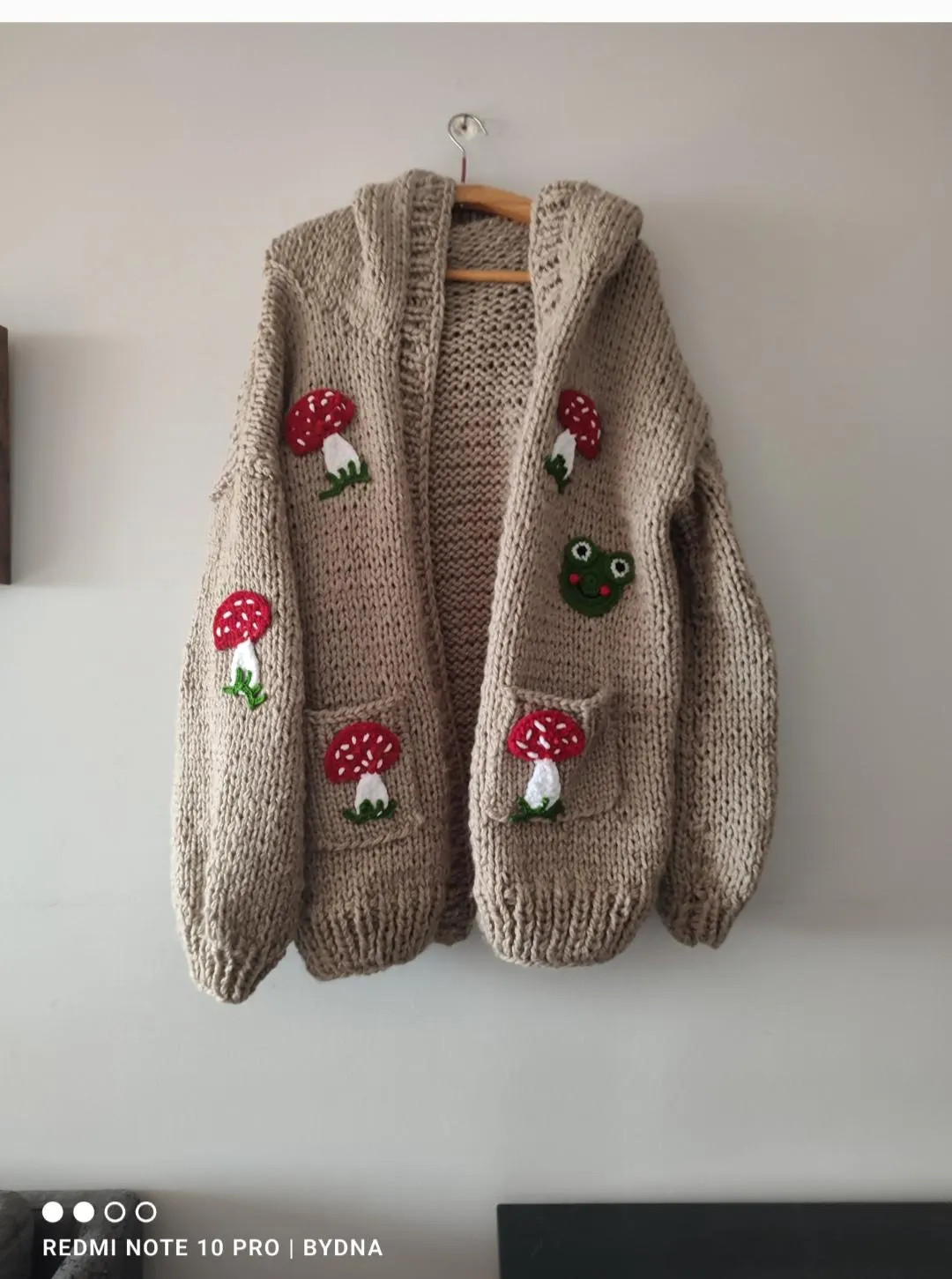 Embroidered Mushroom Frog Knit Cardigan - Oversized Hooded Jacket - Beige Handmade Custom Gift - ... | Etsy (US)