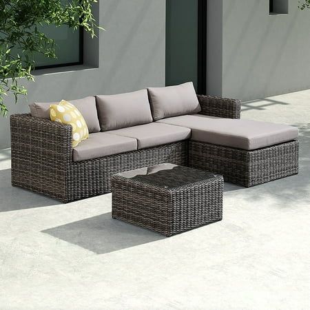 Armen Living Hagen 3 piece Outdoor Rattan Sectional Chase Set with Brown Cushions and Modern Accent  | Walmart (US)