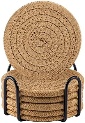 Coasters for Drinks with Holder, Vintage Woven Coasters for Table Protection, Water Absorbent Coaste | Amazon (US)