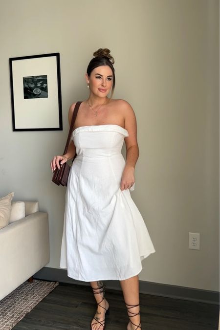 White linen midi dress. Easter dress, bridal shower dress, spring dress 🤍🕊️ Wearing a medium! (Size down if you like a tight top to support chest) 

#LTKwedding #LTKtravel