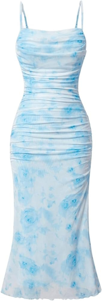 SOLY HUX Women's Floral Print Mesh Ruched Bodycon Cami Dress Spaghetti Strap Summer Long Dresses | Amazon (US)