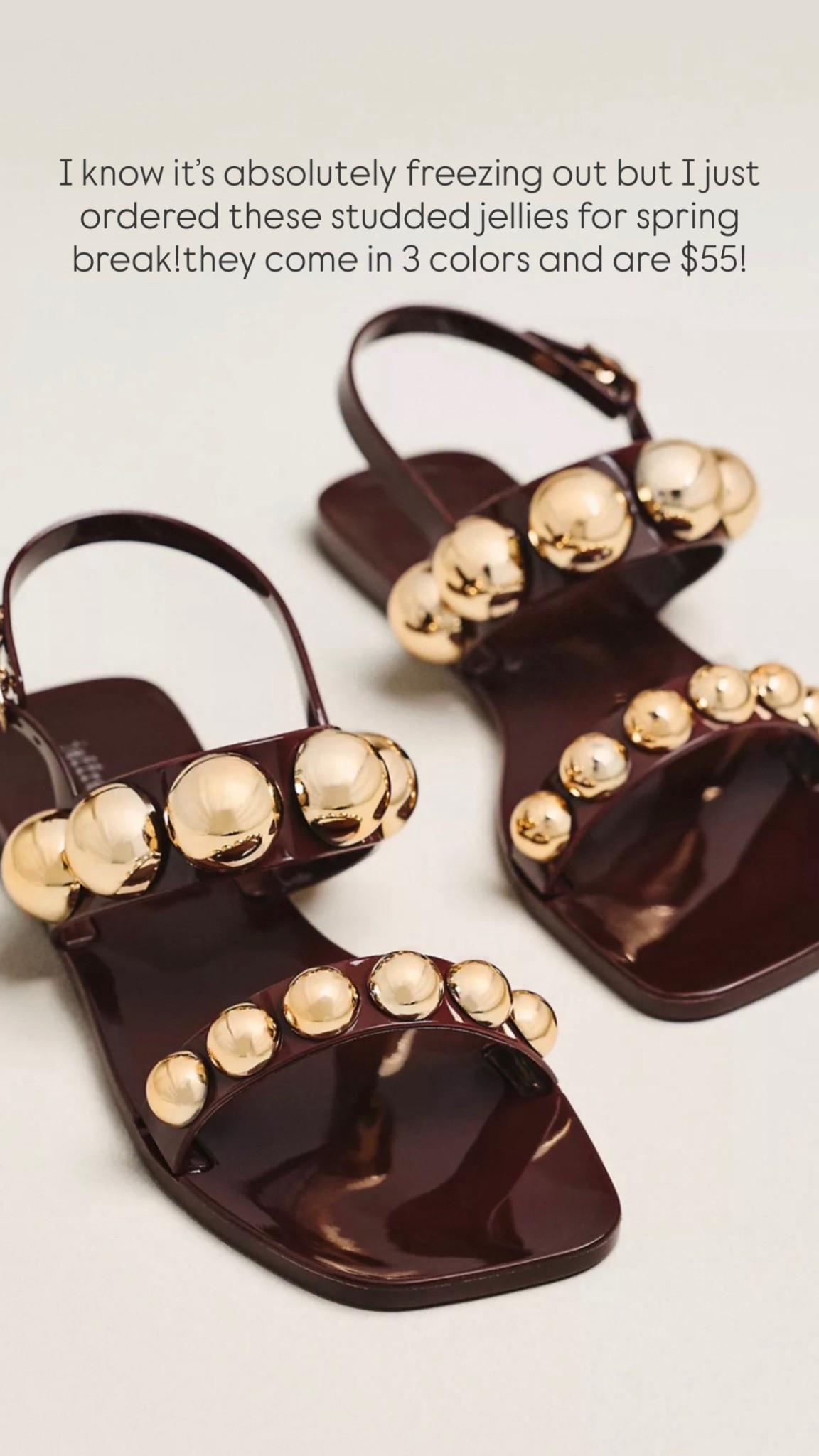 I know it’s absolutely freezing out but I just ordered these studded jellies from Anthropologie for spring break!they come in 3 colors and are $55!

#LTKSeasonal #LTKootd #LTKTravel