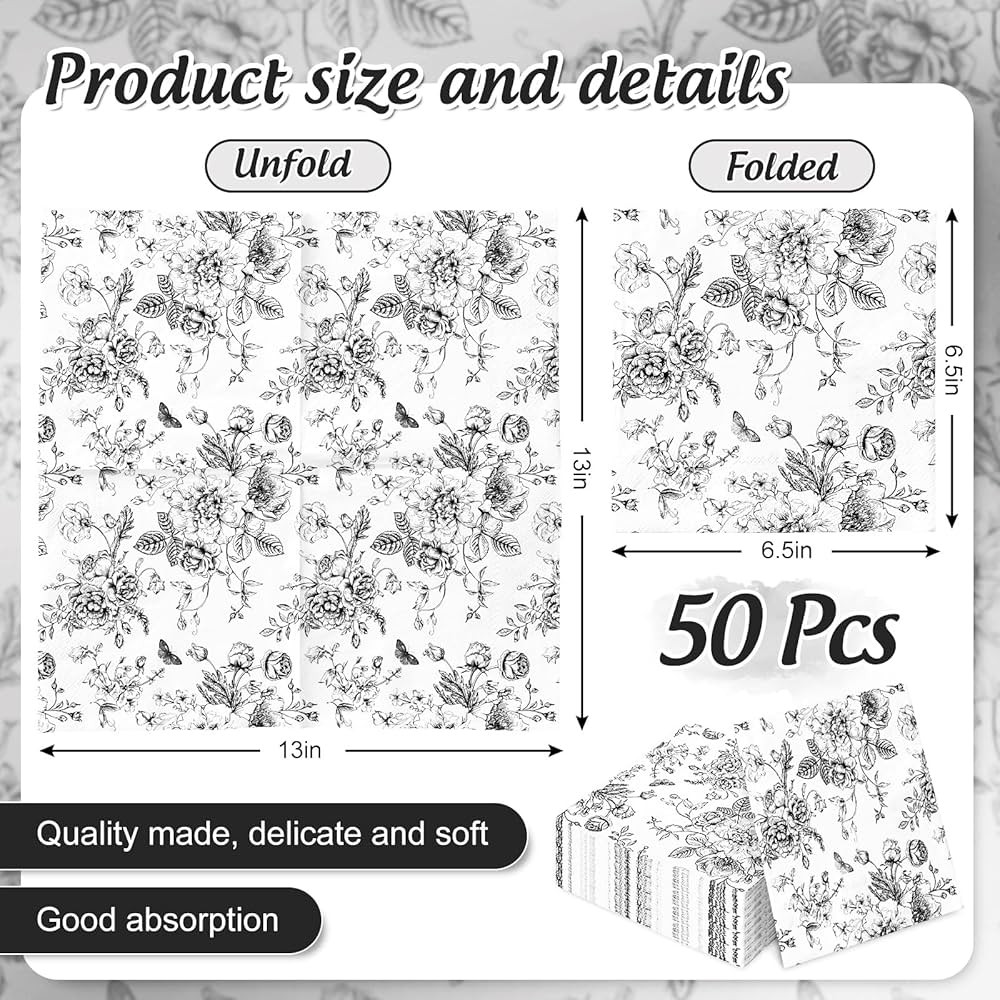JarThenaAMCS 50 Pcs Black Floral Paper Napkins Disposable Vintage Wildflowers Luncheon Napkins Di... | Amazon (US)