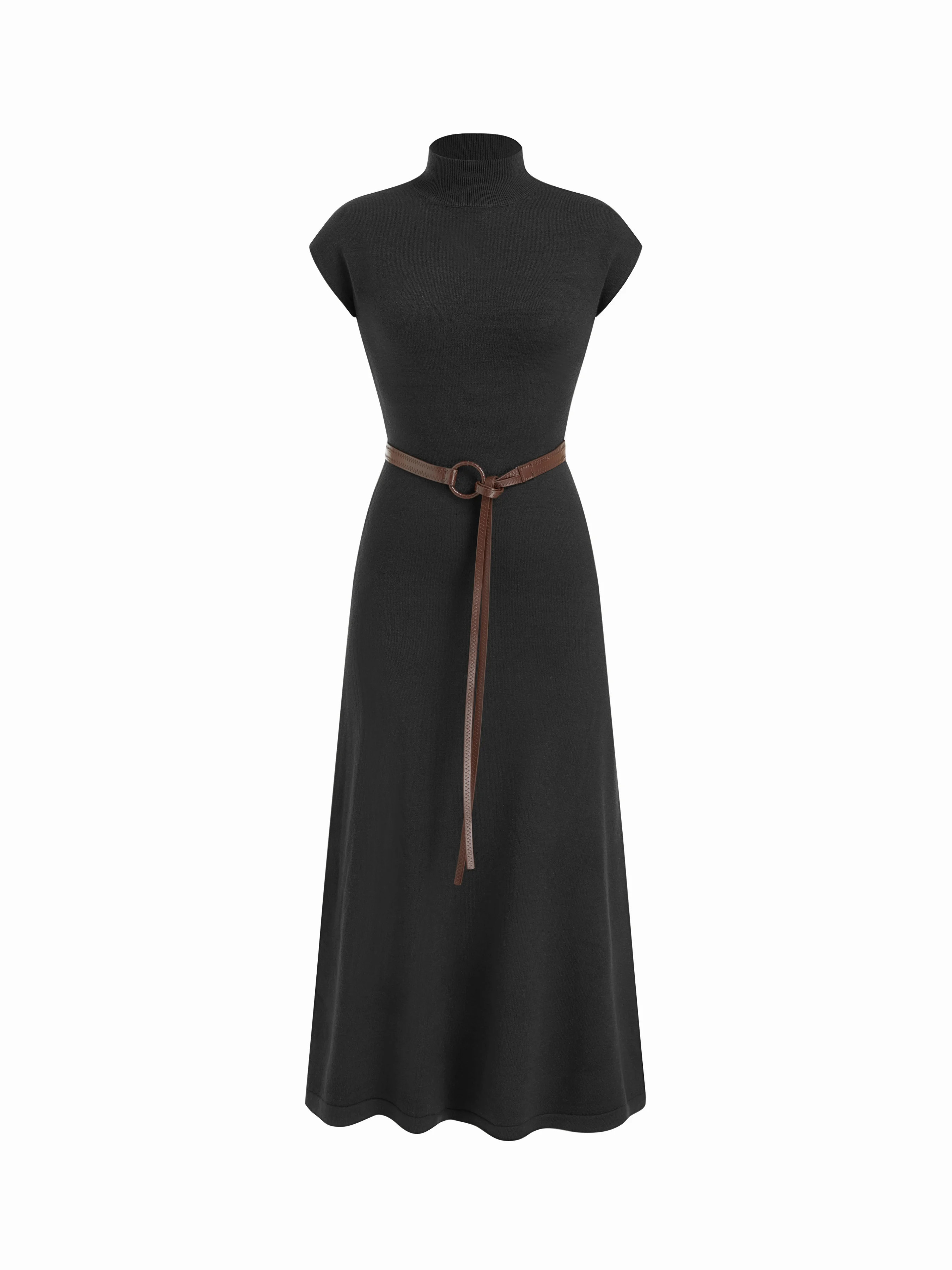 Knit Fabric Knit High Neck Sleeve A-line Maxi Dress With Belt For Daily Casual | Cider