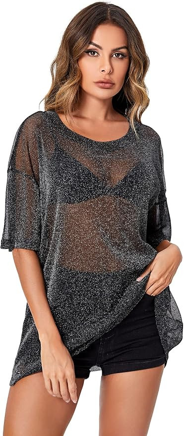 WDIRARA Women's Glitter Sheer See Through Short Sleeve Mesh Top Tee Blouse | Amazon (US)