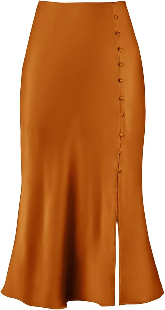 Modegal Women's Satin Slit Button Front Elastic High Waist A Line Bodycon Casual Midi Skirt | Amazon (US)