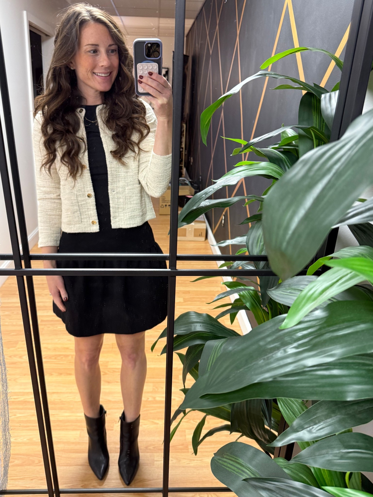 Work OOTD - Fall/Winter Work Outfit as an Office Manager at Med Spa - Cream cropped lady jacket over black slim fit t-shirt and black peplum skirt with black booties 

#LTKWorkwear #LTKHoliday #LTKPetite