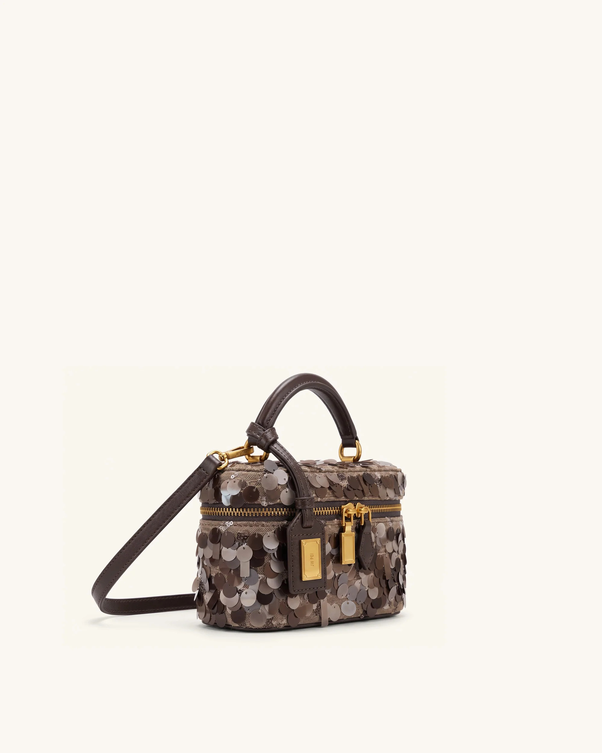 Cleo Metallic Sequin Box Shape Top Handle Bag - Brown | JW PEI US