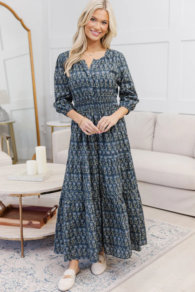 NURSING COLLECTION: It's In The Air Navy Blue Medallion Tiered Midi Dress | The Mint Julep Boutique