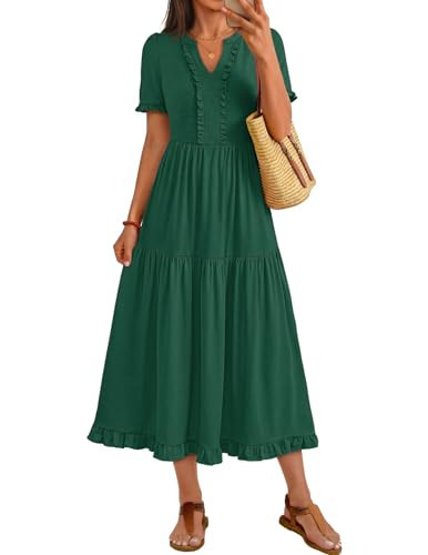 MEROKEETY Women's 2026 Summer Casual Midi Dress Short Sleeve V Neck A Line Flowy Tiered Vacation Beach Dresses, DarkGreen, X-Large | Amazon (US)