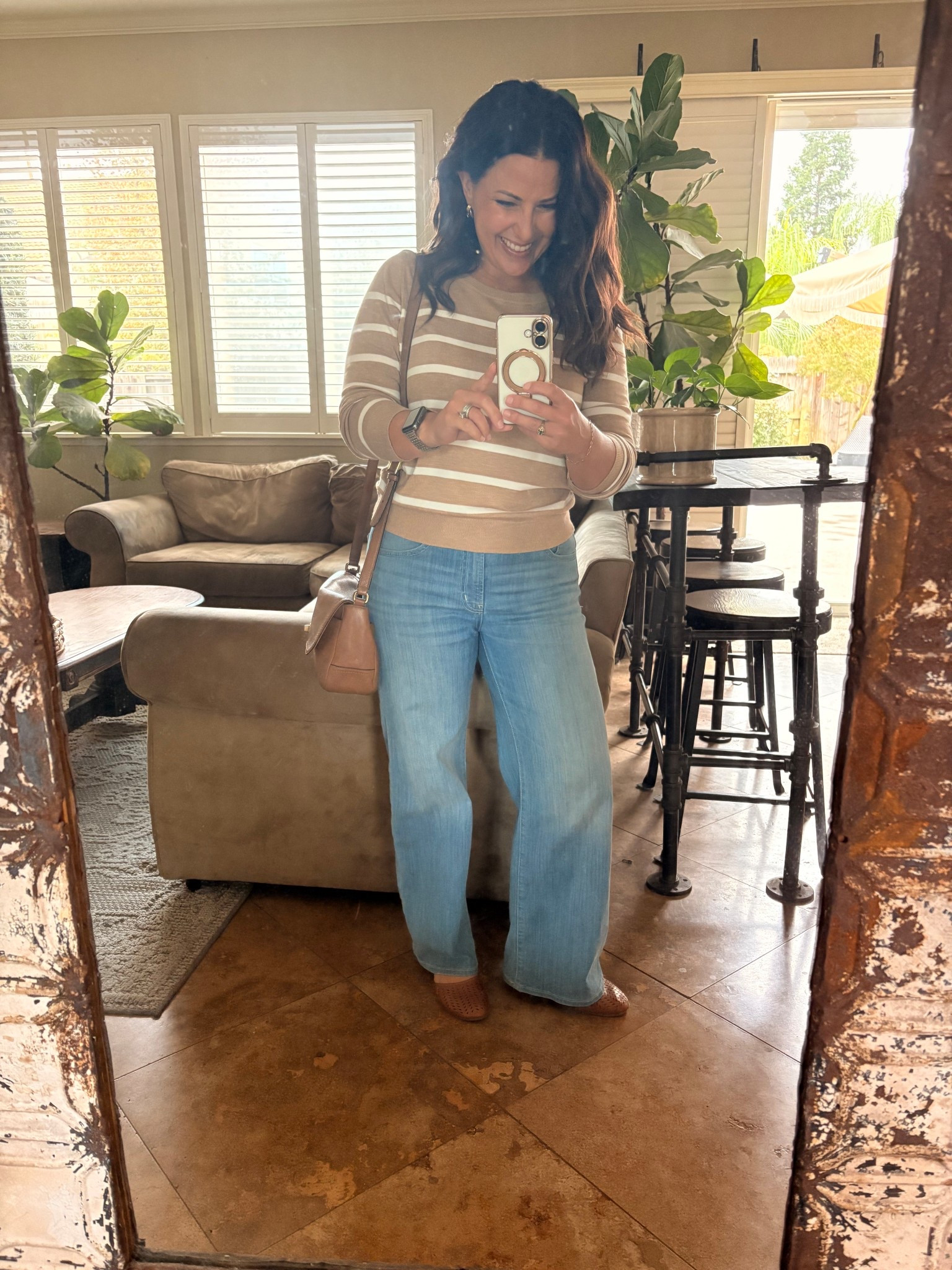 Shopping and lunch with the fam before sports! Wearing a small in this perfect for fall tan camel striped sweater, with wide leg light wash jeans, and the comfiest memory foam flats. 

Fall outfit
Teacher style 

#LTKWorkwear #LTKSeasonal #LTKPetite