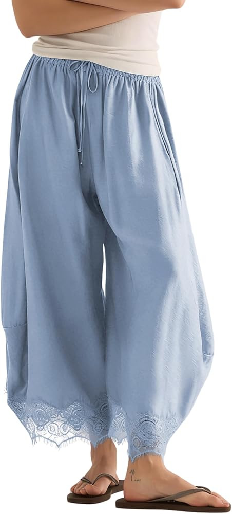 Lviefent Womens Cropped Lace Hem Pants Casual Drawstring Waist Summer Wide Leg Pants Beach Trouse... | Amazon (US)