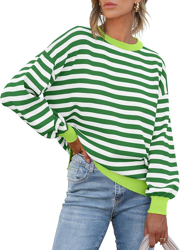 ANRABESS Womens Oversized Striped Sweaters Long Sleeve Crewneck Casual Side Slit Pullover Tops 20... | Amazon (US)