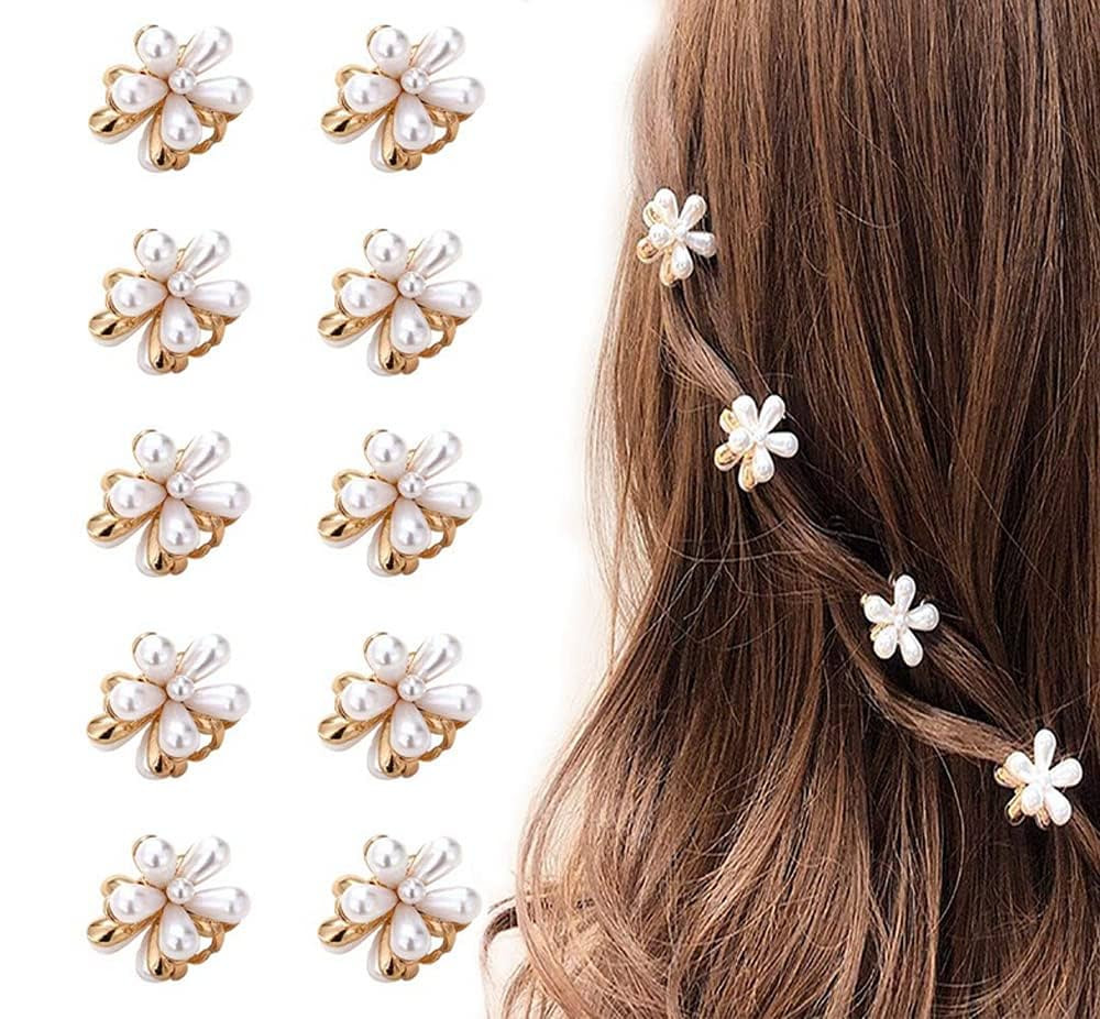 10 Pcs Small Mini Pearl Claw Clips with Flower Design, Sweet Artificial Bangs Clips Decorative Ha... | Amazon (US)