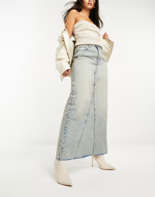 Stradivarius spliced denim maxi skirt in vintage wash | ASOS (Global)