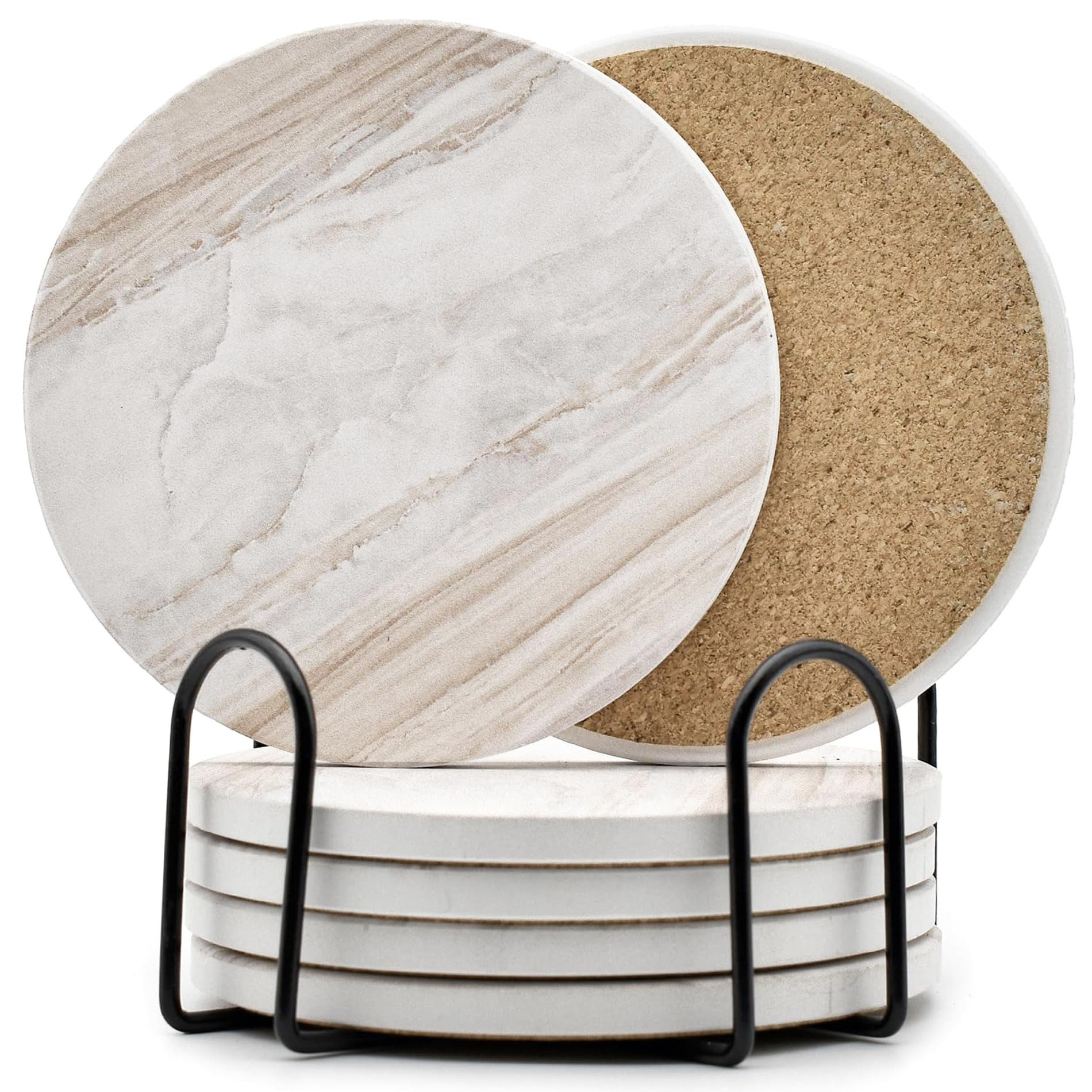 6Pcs Drink Coasters with Holder, Marble Style Ceramic Drink Coaster, Absorbent Coasters Set Suitable for Kinds of Cups, Modern Style Coasters for Coffee Table, 4 Inches | Amazon (US)